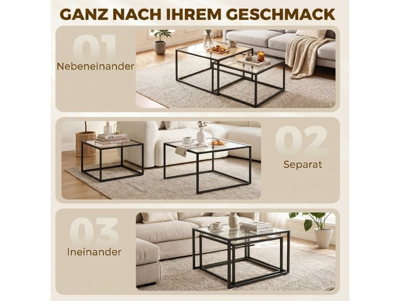  Tables basses gigognes avec 2 plateaux ronds en verre trempé et structure en métal, style moderne, noir  - Conforama E
