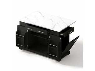 Îlot de cuisine noir 138 cm avec plan de travail effet marbre, plateau rabattable et prises électriques intégrées