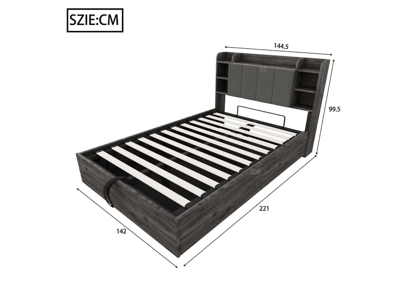  Lit en bois 140 x 200 cm avec coffre hydraulique, usb et type-c, gris, sans matelas, multifonctionnel  - Conforama B