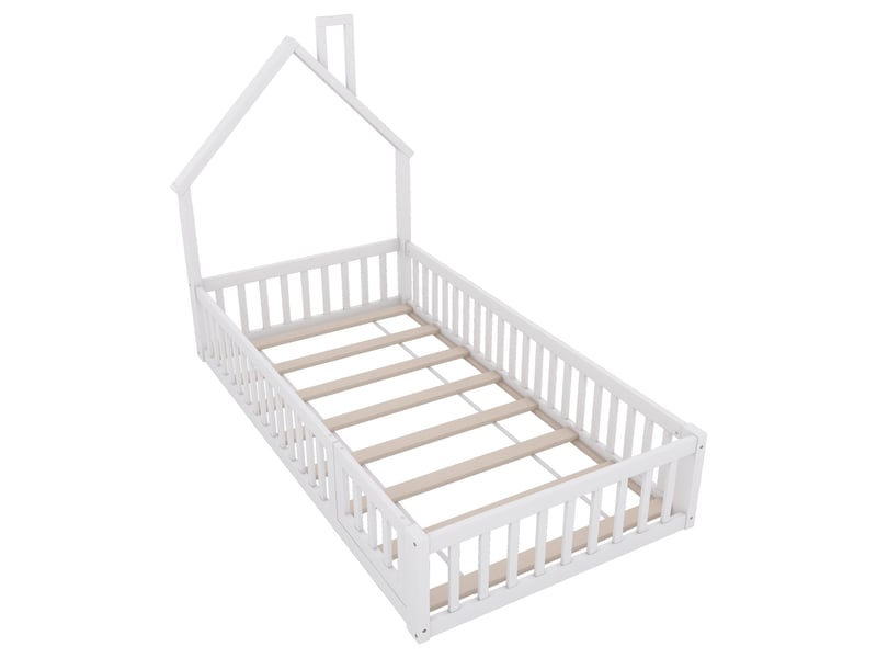  Lit cabane 90 × 200 cm, silhouette de toit et cheminée, portillon ouvrant, pin et mdf, sommier à lattes, blanc  - Conforama A