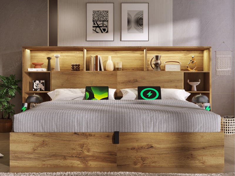  Lit coffre,180x200 cm,avec led,usb-c，rangement,intégré,bois,chêne  - Conforama B