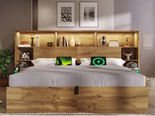 Lit coffre,180x200 cm,avec led,usb-c，rangement,intégré,bois,chêne