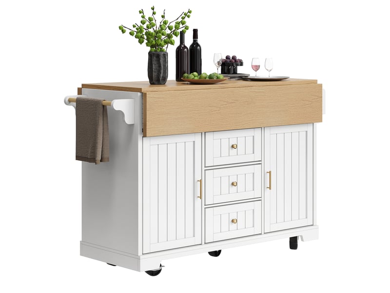 Îlot de cuisine 142,5x40(80)x95 cm avec 3 tiroirs et plateau pliable, bois et blanc  - Conforama D