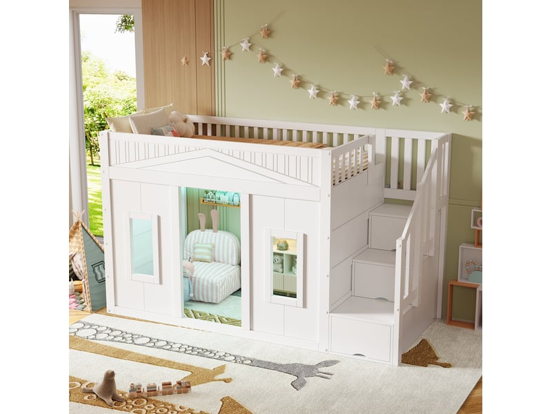  Lit mezzanine 90x200 cm avec fenêtre et éclairage led, blanc  - Conforama C