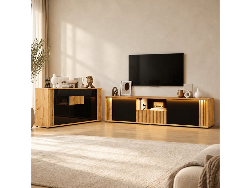  Ensemble meuble tv 180x40x51 cm + buffet 140x35x71 cm, led bluetooth, 75 pouces, mdf, noir et bois naturel  - Conforama D