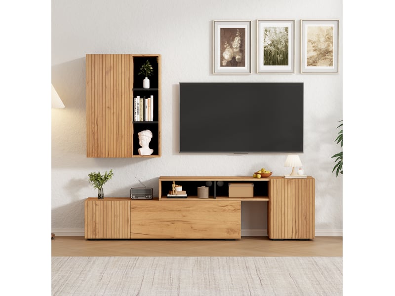  Ensemble meuble tv mural extensible 174-265 cm bois et noir avec vitrine  - Conforama B