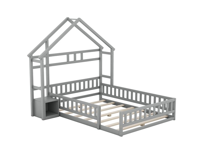  Lit enfant gris 140x200 cm style maison, garde-corps et tables de chevet  - Conforama E