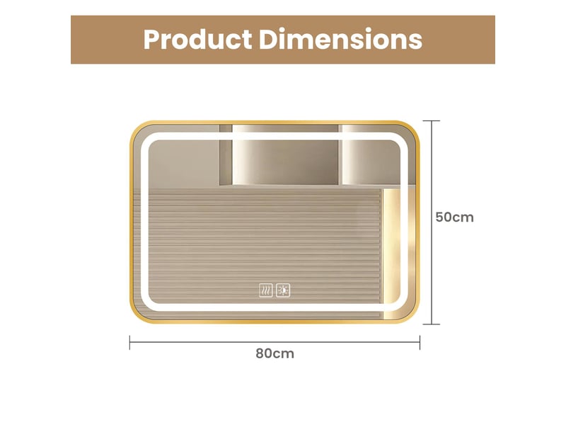 Miroir de salle de bain led 80x50 cm bordure dorée verre sécurit tactile anti-buée 3 couleurs cri>90 or - Conforama C