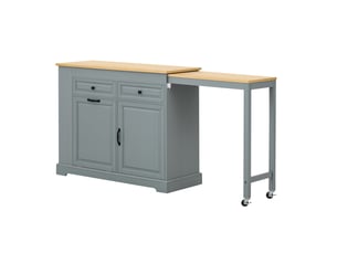 Îlot de cuisine sur roulettes gris avec plan extensible, 2 tiroirs, rangement et compartiment poubelle