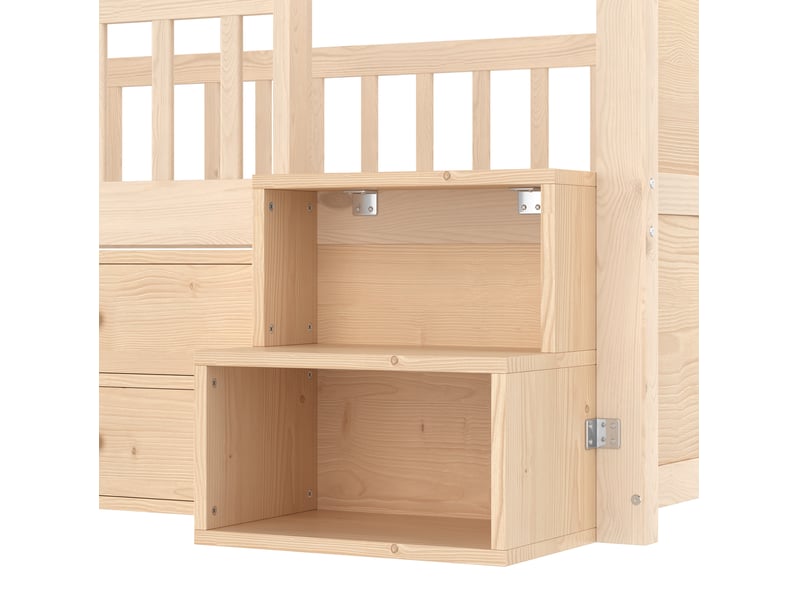 Lit mezzanine 90x200 cm, forme maison, 4 tiroirs et éclairage led, en bois, naturel et blanc, sans matelas - Conforama E