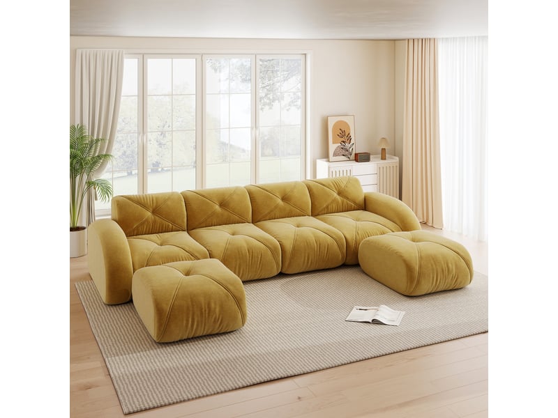 Canapé d’angle panoramique 4 places en tissu jaune, 358 cm, avec 1 poufs W3325S00350 - Conforama B