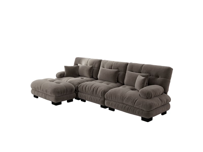 Canapé d'angle, canapé convertible, marron, avec pouf, style cloud, en chenille - Conforama B