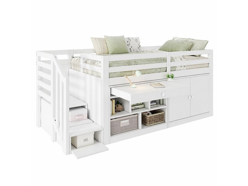  Lit enfant multifonctionnel 90x200 cm, escalier réversible, tiroirs convertibles, espace de rangement, bois blanc sans matelas  - Conforama A