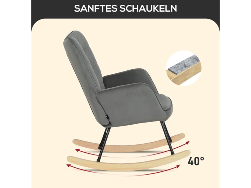  Fauteuil à bascule gris foncé aspect velours, accoudoirs et patins en bois, relax pour salon et chambre  - Conforama E