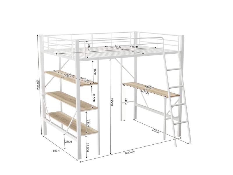 Lit mezzanine 90x200cm, lit 1 place, avec 3 étagères de rangement, table, sommier en métal, blanc, sans matelas - Conforama D