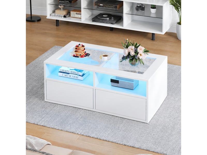  Table basse led blanche, verre trempé, 2 tiroirs et 2 niches, 100 x 50 x 35 cm, blanc  - Conforama D
