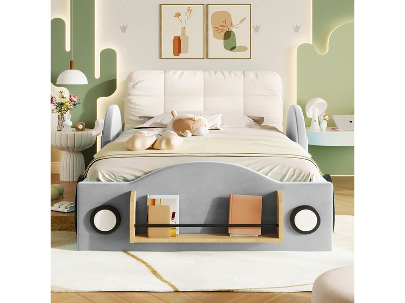  Lit coffre enfant 90 x 200 cm en velours gris avec rangement hydraulique, poches latérales, range-livres au pied et grand coussin de tête  - Conforama D