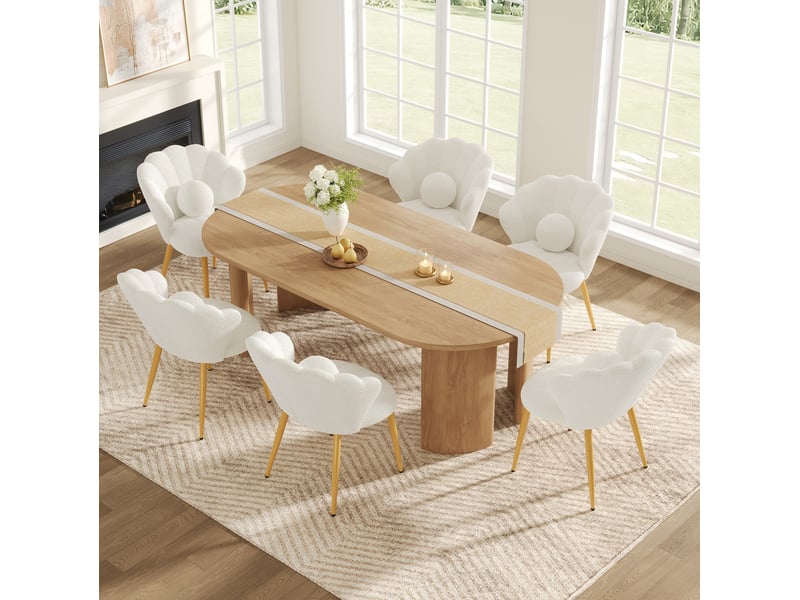  Lot de 6 chaises de salle à manger 60x62,5x83 cm, dossier coquillage, coussins, tissu bouclette, blanc  - Conforama B