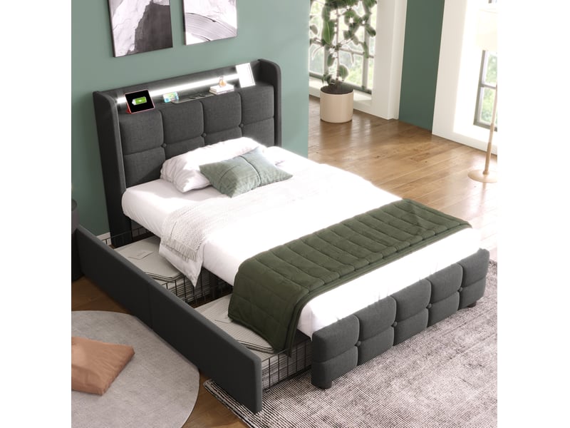  Lit rembourré tcqpz 90 x 200 cm avec led, 2 prises usb, 2 tiroirs, bois, gris  - Conforama D