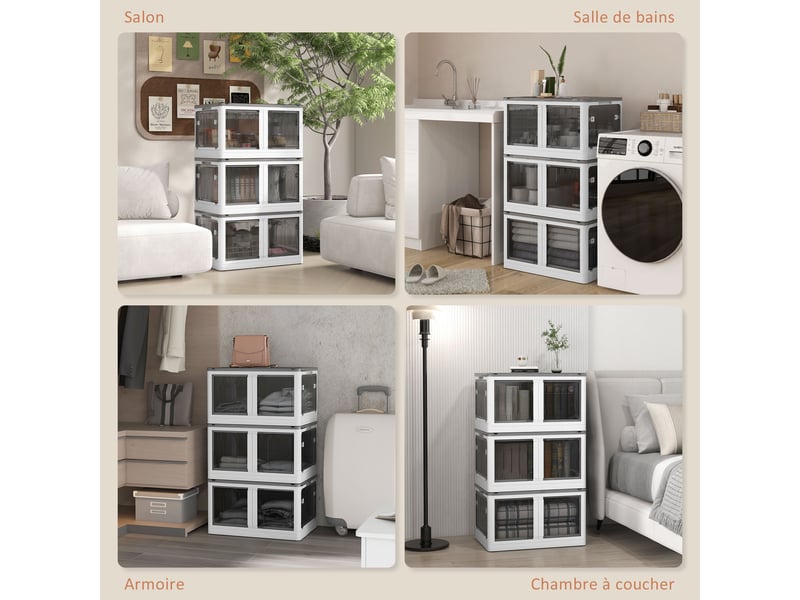 Boîtes de rangement pliables et empilables 69l en plastique avec couvercle et 4 roulettes, blanc, accès à 5 côtés - Conforama W