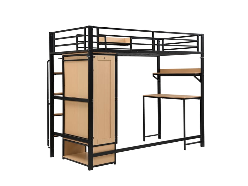 Lit mezzanine enfant 90x200 cm – noir et naturel – bureau, armoire 2 portes et rangements, sans matelas - Conforama D