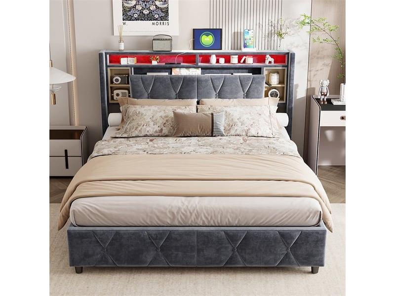  Lit 160x200 cm - lit coffre 160x200 cm - sommier relevable led usb prise rangement tête de lit - velours gris foncé  - Conforama C
