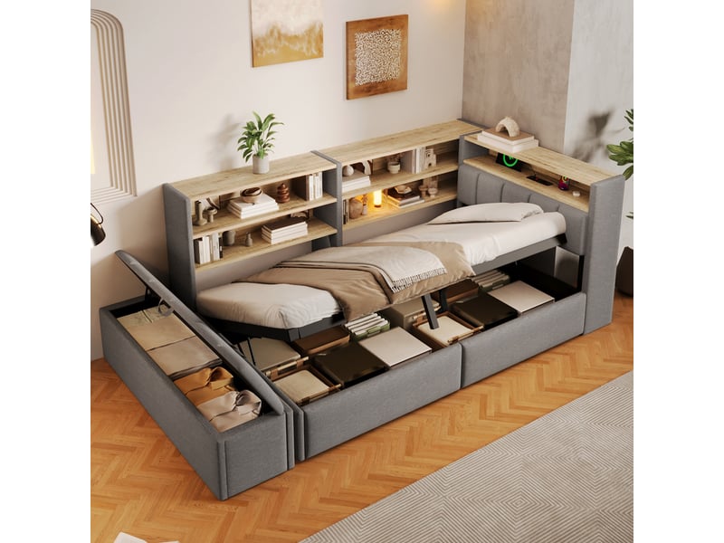  Lit banquette 90 x 200 cm, coffre hydraulique, prise électrique, rangement latéral réversible, port usb, bande led, velours, gris Seren Glow - Conforama D