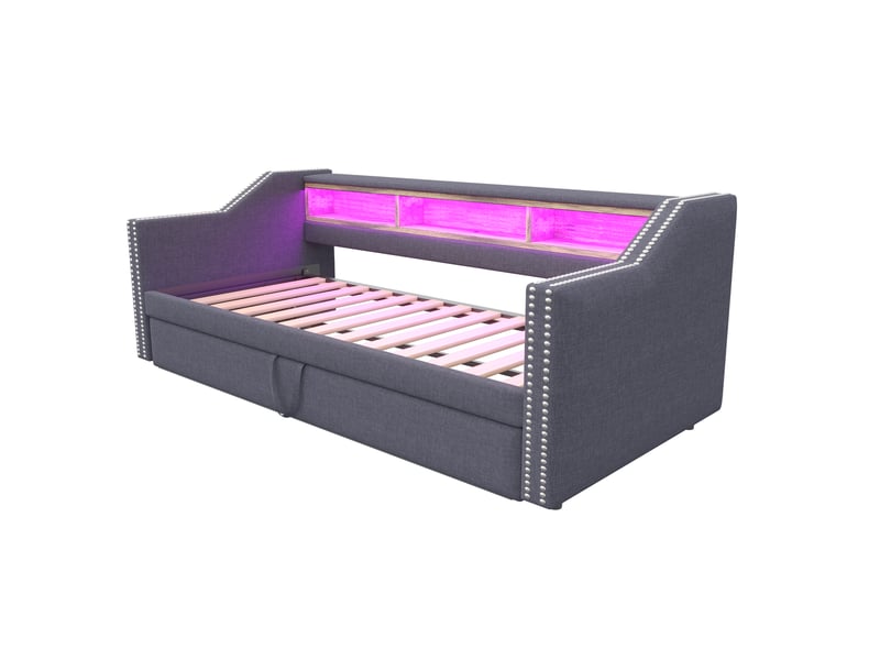  Lit gigogne 2 places 90 × 190 et 180 × 190 cm avec 3 niches, usb et led, 2 matelas inclus, gris foncé  - Conforama E