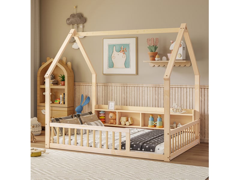  Lit cabane enfant 140x200 cm avec 4 rangements, bois de pin naturel  - Conforama W