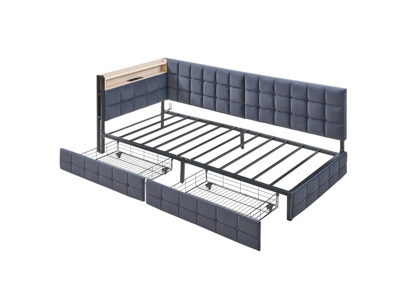 Lit enfant rembourré 90 x 200 cm avec 2 tiroirs, led, usb et usb-c, gris Fay Lum - Conforama A