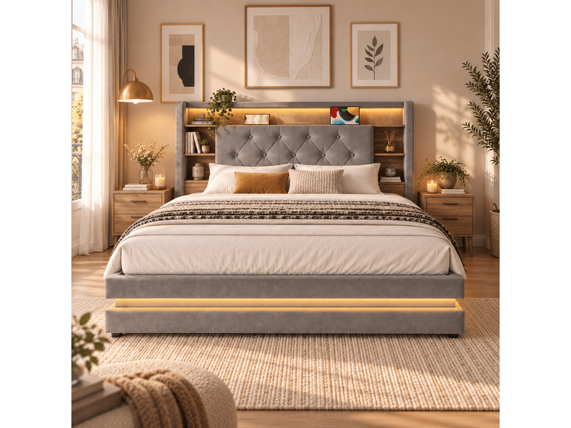  Lit coffre 140x200 lit rembourré avec tête de lit multifonction, led, 2 usb et usb-c, sommier à lattes, velours gris foncé Morn Vibe - Conforama D