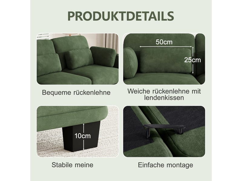  Canapé droit modulable,253x88x88 cm,3 places avec coussins,chenille,vert  - Conforama E