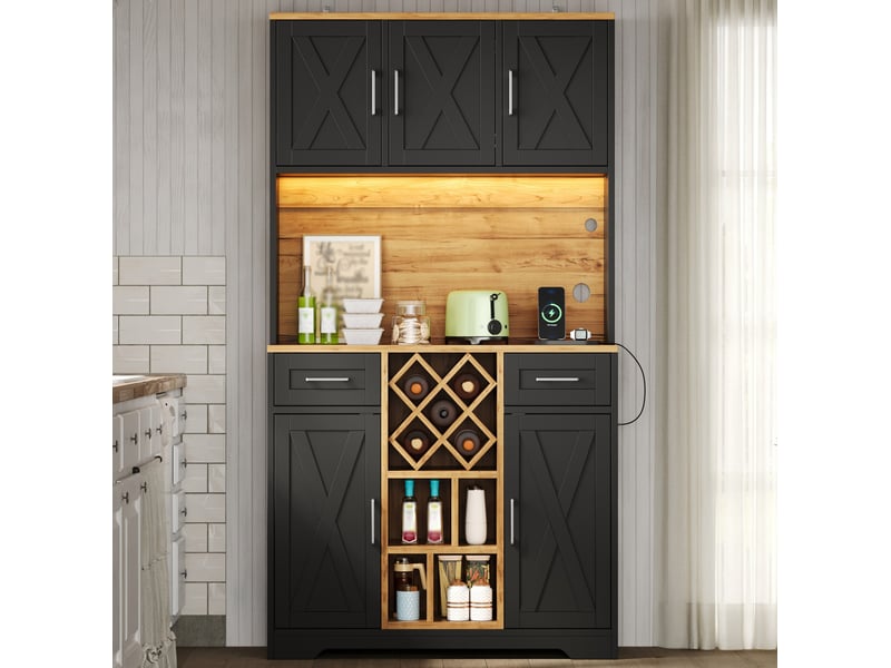 Meuble haut de cuisine 105x40x180 cm avec led et porte-bouteilles naturel et noir - Conforama E