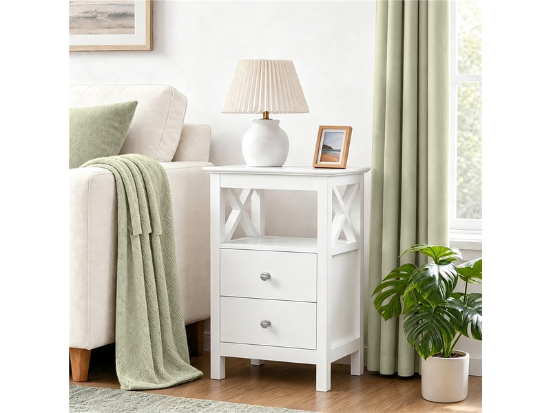  Lot de 2 tables de chevet scandinaves avec 2 tiroirs et étagère ouverte 40x30x60 cm blanc 616335 White(2pcs) - Conforama B