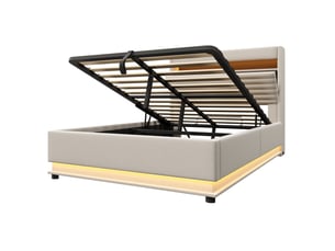 Lit coffre 140x200 cm, lit double, rangement hydraulique, led, lin beige, usb et usb-c