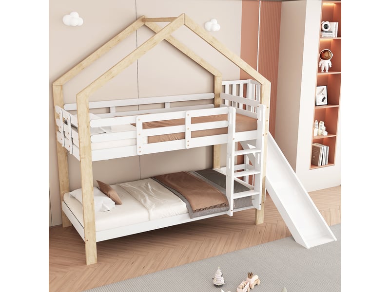  Lit superposé enfant 90x200 cm – avec toboggan et échelle d’angle, cadre bois, cabane ludique – sans matelas – blanc et naturel  - Conforama E