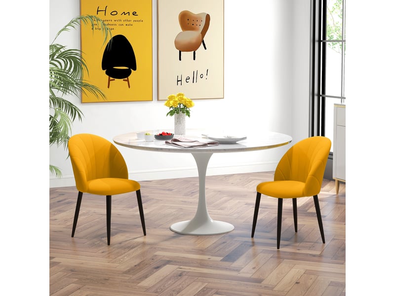  Lot de 2 chaises de salle à manger modernes avec dossier coquille et pieds en métal rembourrées en velours jaune pour cuisine salon bureau  - Conforama D