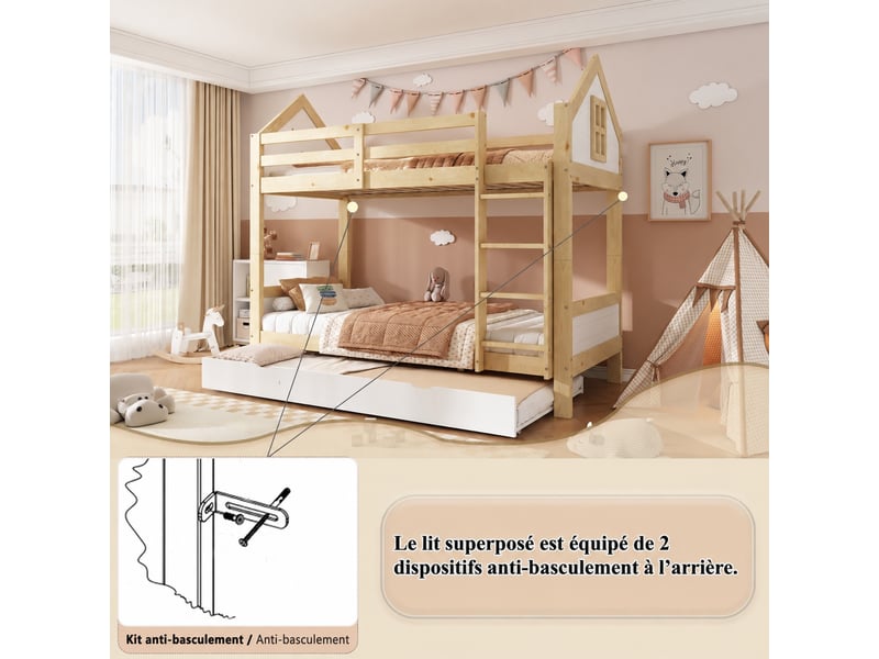  Lit superposé enfant 90 x 200 cm avec lit gigogne 90 x 190 cm, 3 couchages, échelle et barrières, blanc et naturel  - Conforama E