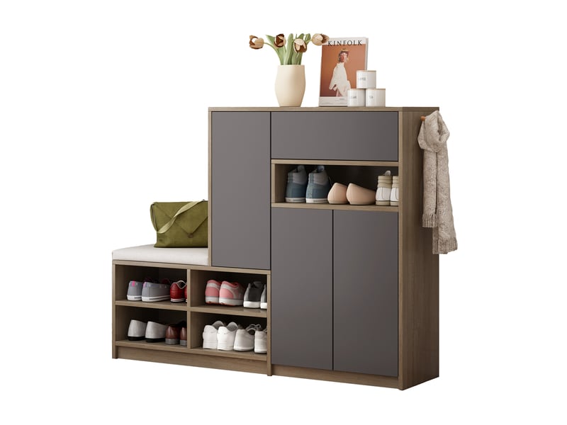  Meuble à chaussures avec banc rembourré, étagères réglables et portes sans poignées pour entrée gris 140 × 35 × 110 cm  - Conforama A