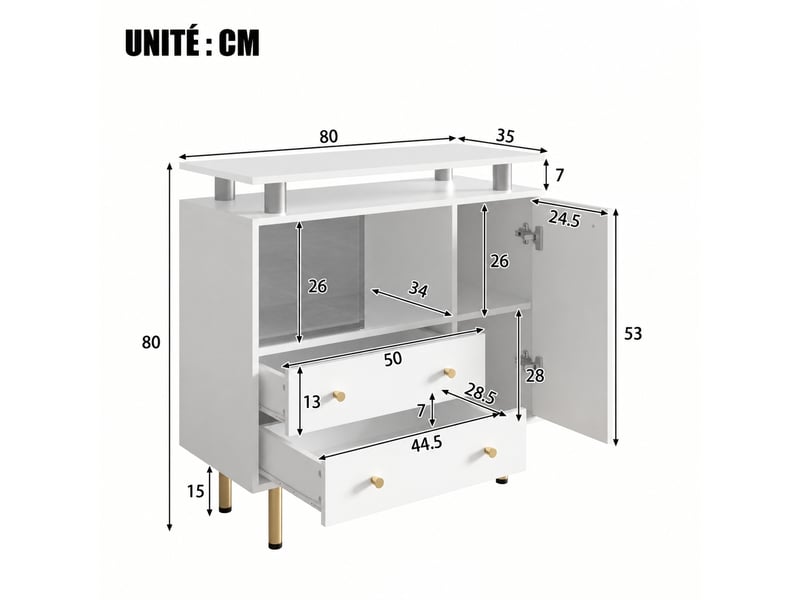 Buffet blanc avec éclairage led, 2 portes coulissantes en verre, 2 tiroirs et 1 porte, 80 × 35 × 80 cm - Conforama C