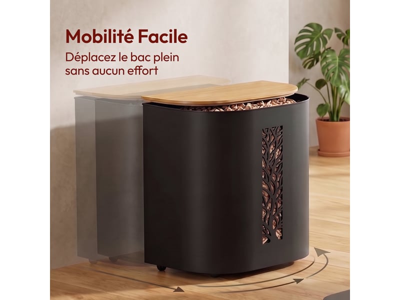 Casabel réservoir pellets & granulés avec roulettes, cap. 30kg, métal noir, couvercle bambou, pour poêle à granulés - Conforama E