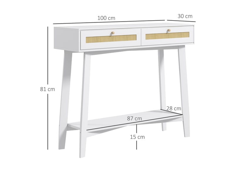  Console d'entrée avec 2 tiroirs, design rotin et étagère ouverte, 100 x 30 x 81 cm, blanche  - Conforama E