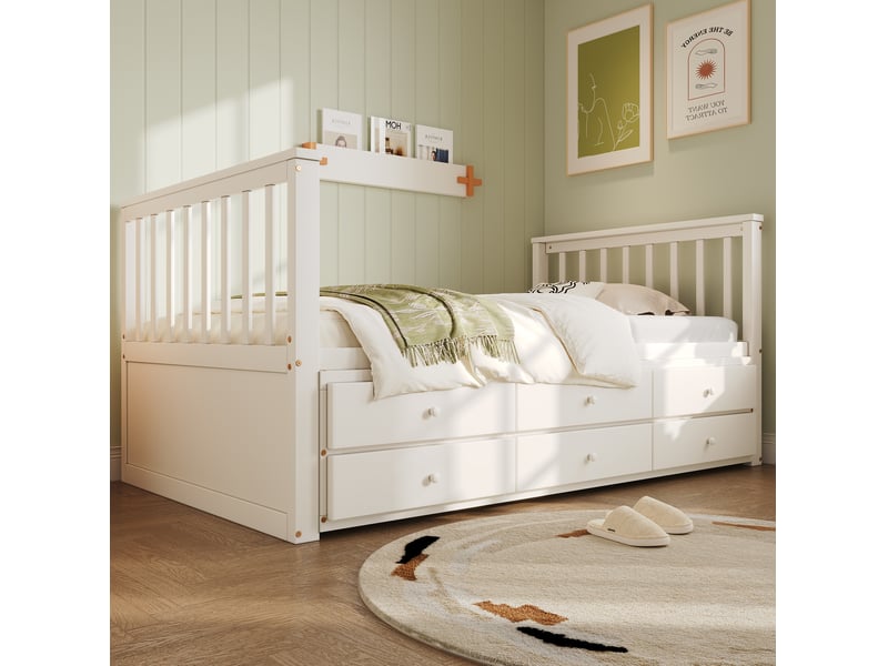  Modenvie lit gigogne enfant 90x200 cm - avec lit tiroir et 3 tiroirs de rangement - pour chambre d'enfant - blanc  - Conforama E