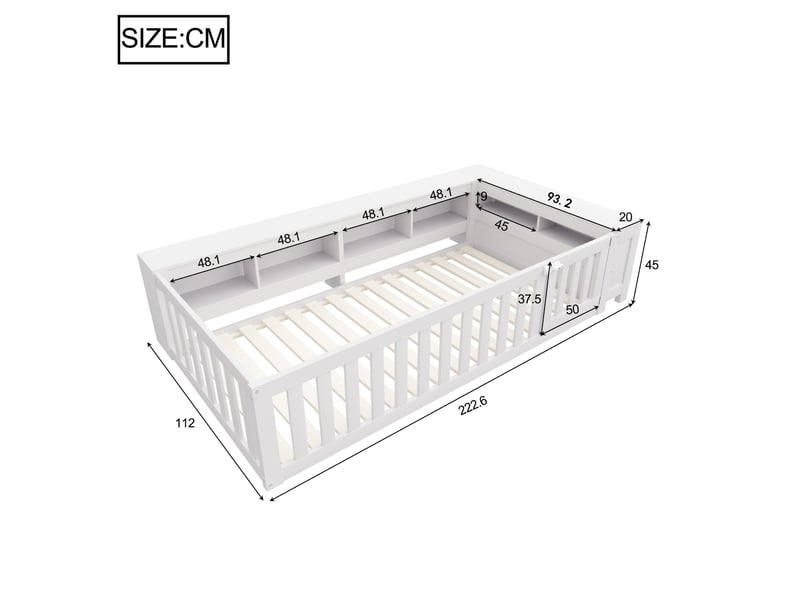  Lit enfant avec rangement, 90x200, en bois massif blanc, barrière de sécurité et sommier à lattes  - Conforama C
