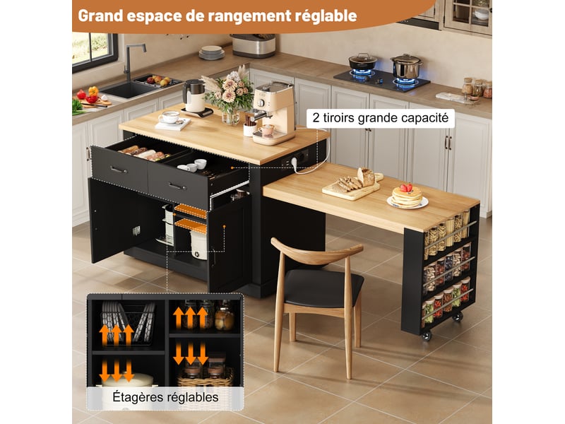 Desserte de cuisine avec 2 rallonges, prises 230 v et rangements réglables, îlot mobile pour cuisine et salle à manger, noir - Conforama E