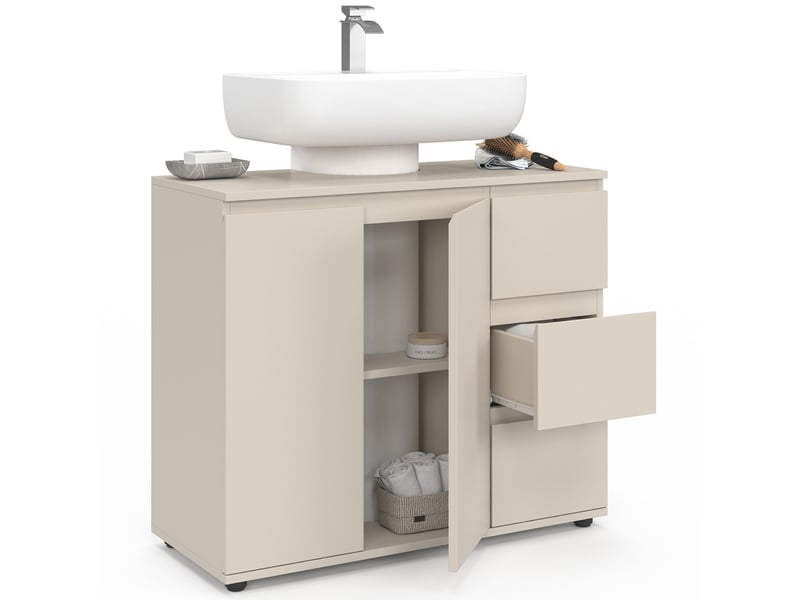  Meuble sous lavabo salle de bain tomi avec placard et 3 tiroirs beige  - Conforama D