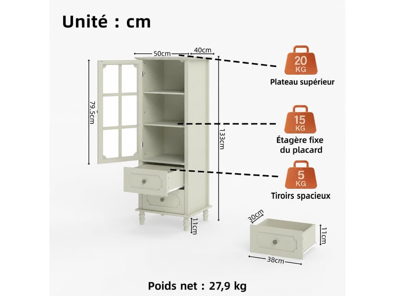  Buffet blanc crème avec porte vitrée et 2 tiroirs, format haut et étroit, 50 x 40 x 130 cm  - Conforama C