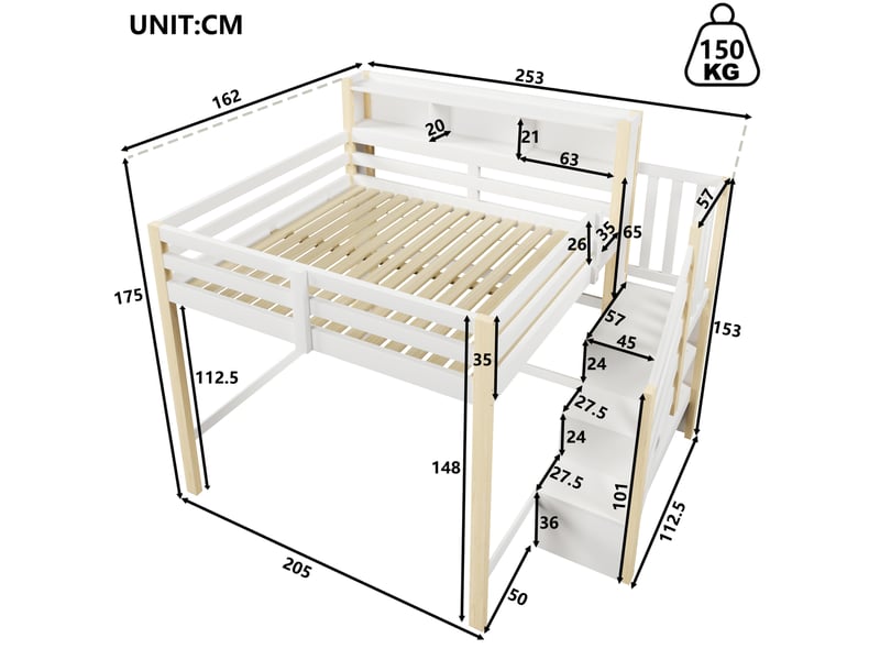  Lit mezzanine enfant 140x200 cm avec led et escalier de rangement blanc et naturel  - Conforama C
