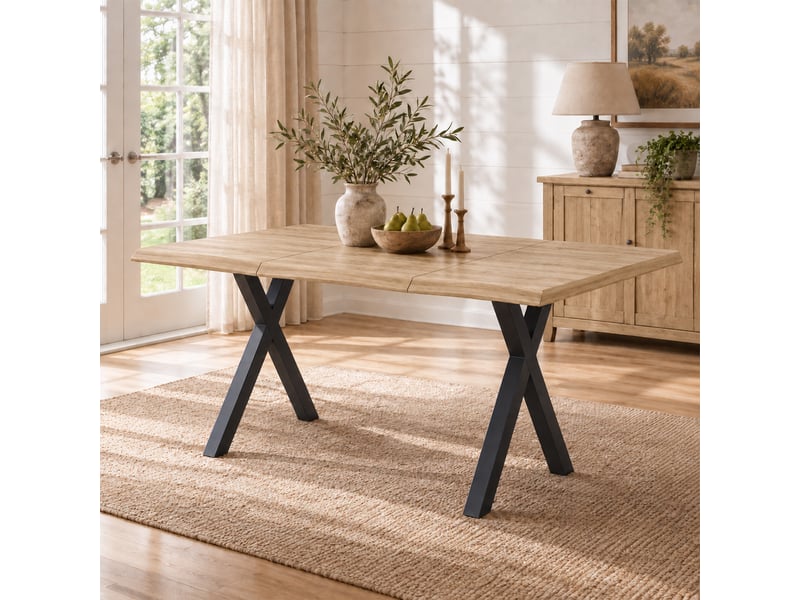 Table à manger 160x78x75 cm pour 4 à 6 personnes, plateau épais 28 mm à bord ondulé, table de salle à manger avec pieds en x métalliques, effet bois OPULERANE TRADING LTD - Conforama D