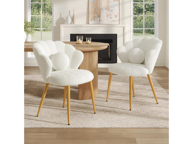 Lot de 2 chaises de salle à manger - 60x62,5x83 cm - chaises en tissu bouclé avec coussin et pieds en métal doré - blanc - Conforama B